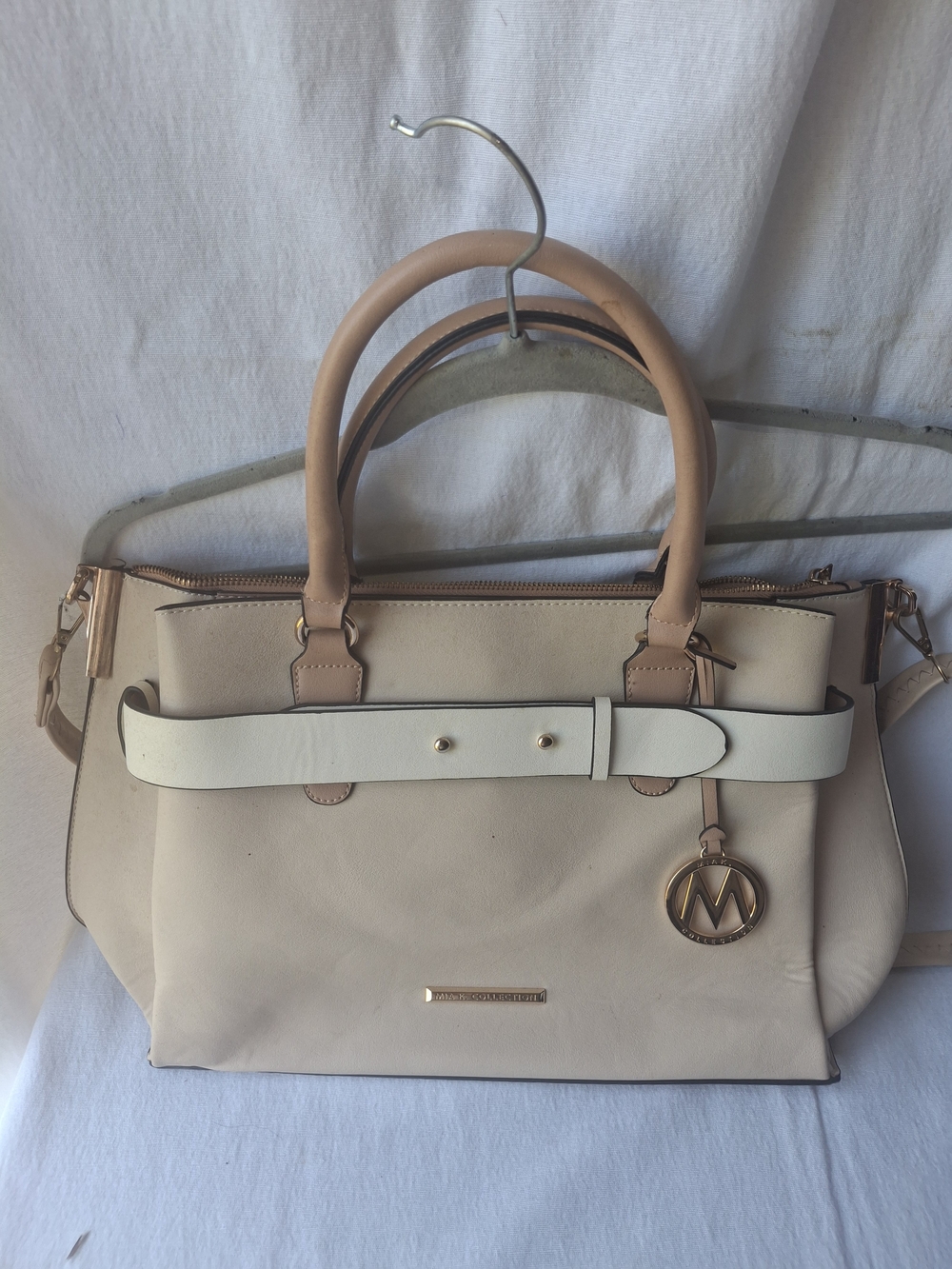 Two-Tone Beige & Tan Structured Satchel with Belt Detail